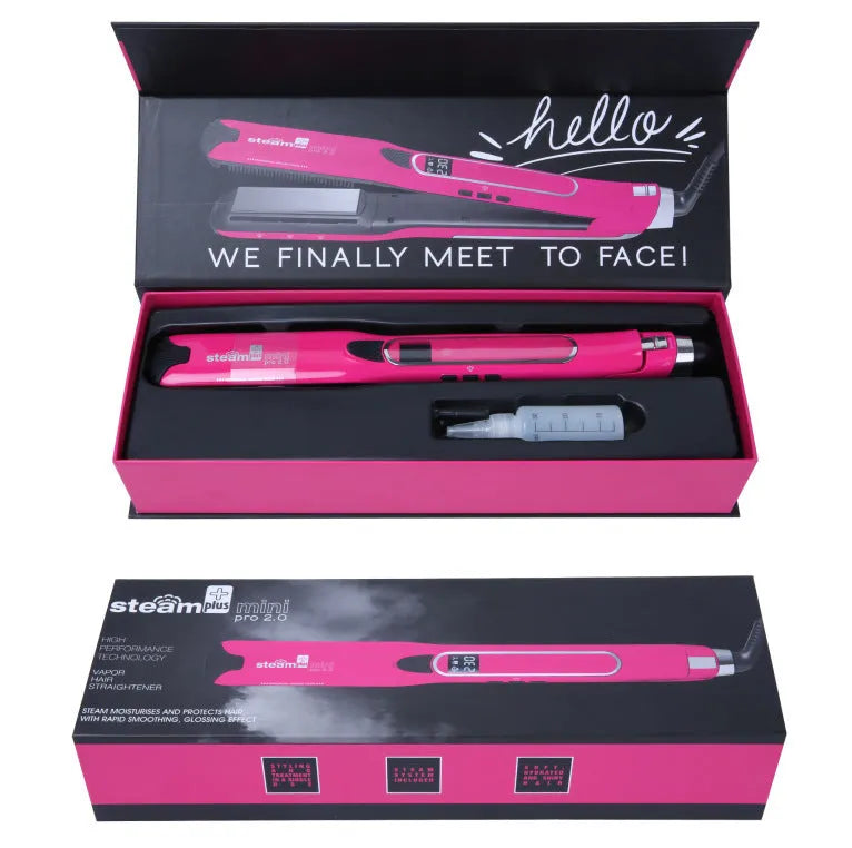 Mini steam spray hair straightener in purple, rose red and champagne colours showing heated plates and steam function