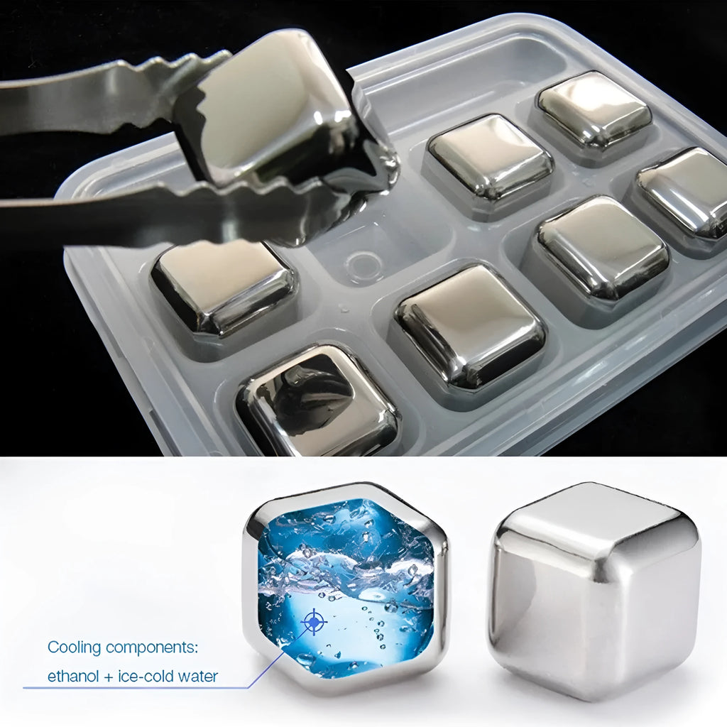 Set of 8 stainless steel ice cubes in square and ball shapes with plastic storage box and tong on a wooden surface