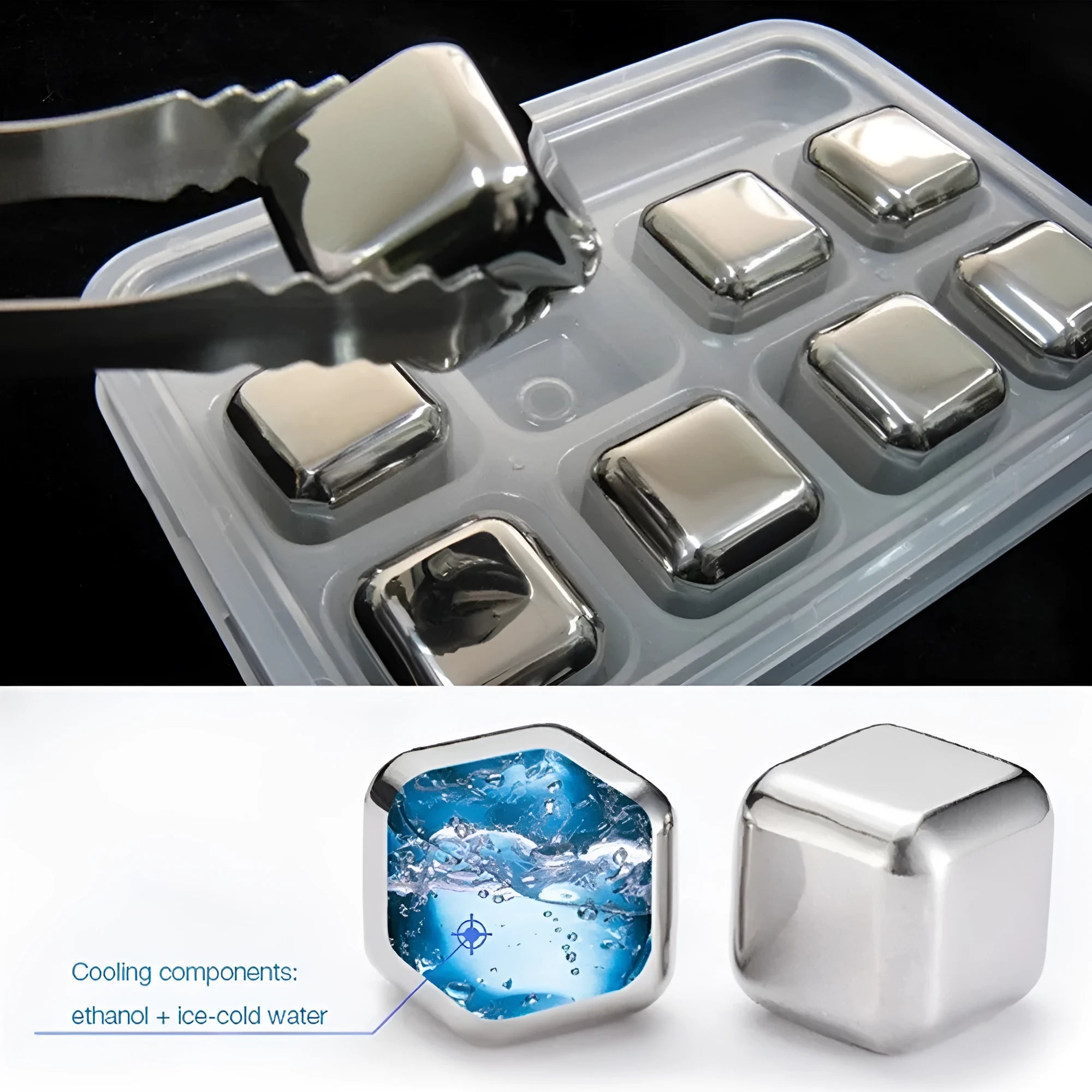 Set of 8 stainless steel ice cubes in square and ball shapes with plastic storage box and tong on a wooden surface