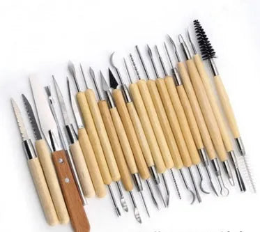 27-piece pottery clay tools set with wood, stainless steel and plastic tools in OPP bag
