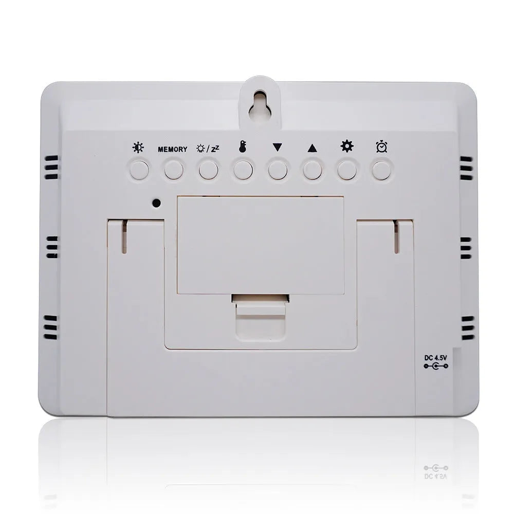 Rectangular black pocket weather station with LCD display showing temperature, humidity and weather data