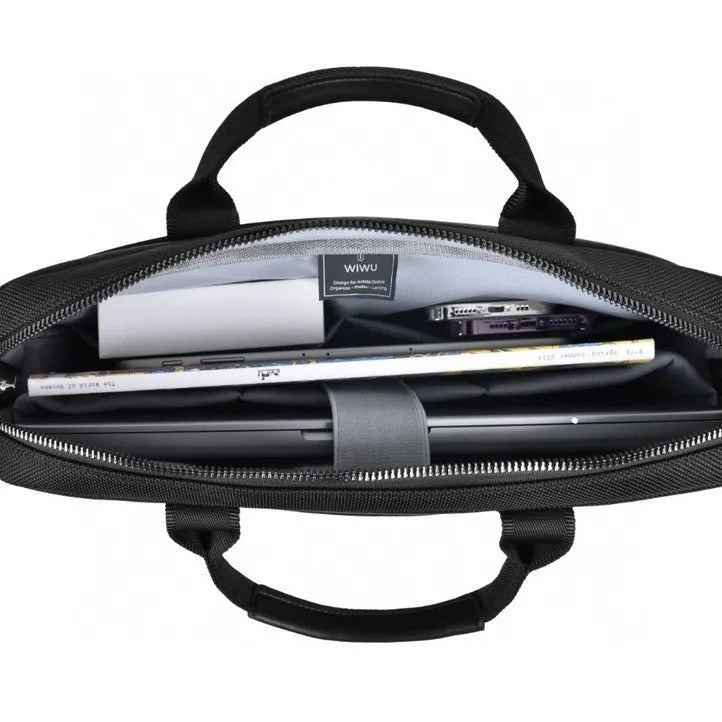 Black Oxford cloth laptop backpack showing multiple pockets and a separate padded compartment for a computer.