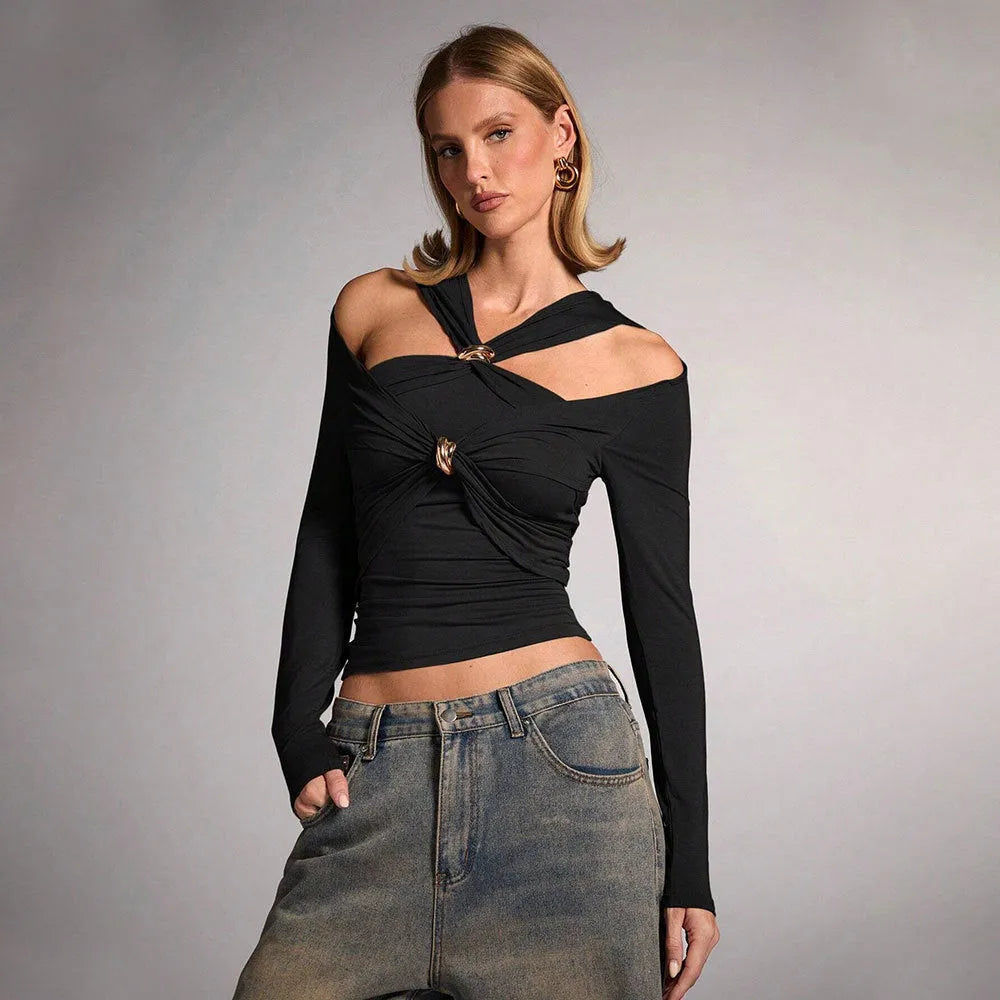 Black polyester women's halter top with long sleeves and slim fit