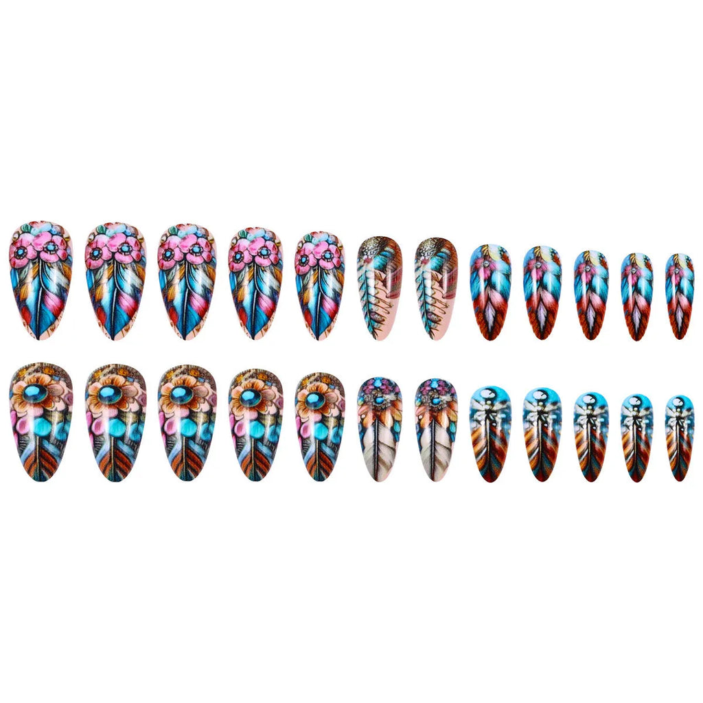 Retro colourful feather wear armour nail art set with plastic tips and jelly glue burnishing stick