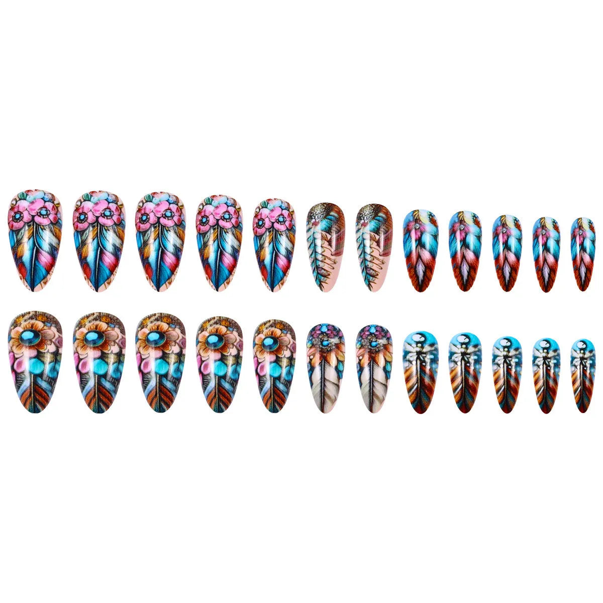 Retro colourful feather wear armour nail art set with plastic tips and jelly glue burnishing stick