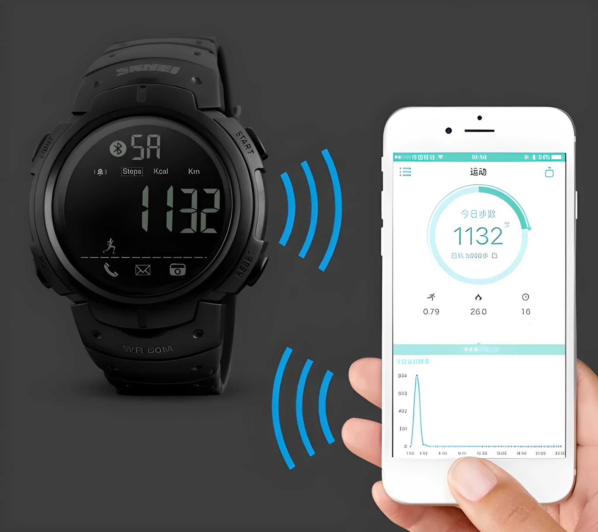 50mm round smart watch with PU strap, black, compatible with Apple and Android Bluetooth devices