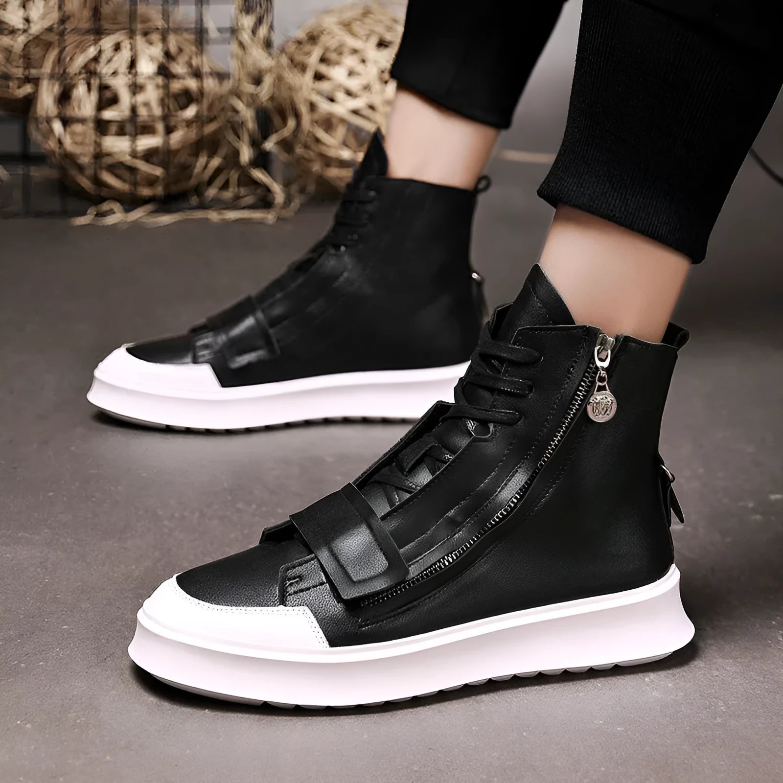 Men's black and white PU leather winter ankle boots in high-top sneakers style with microfiber construction