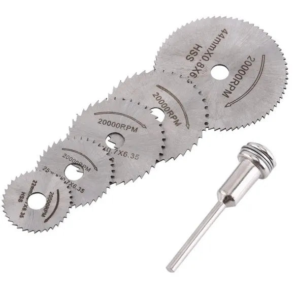 Set of six high-speed steel circular saw blades with a mandrel on a white background.