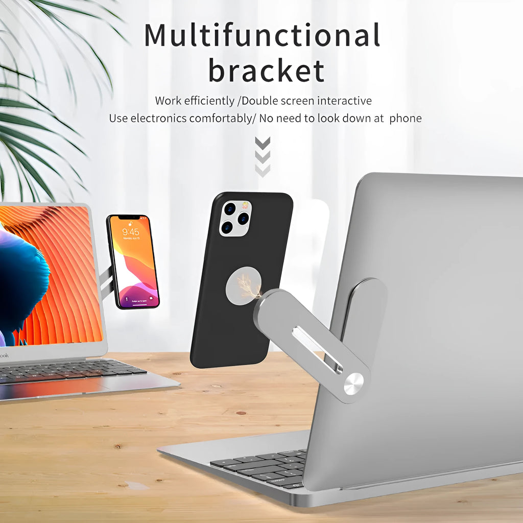 Silver aluminium alloy laptop screen holder with a smartphone attached via magnetic pads