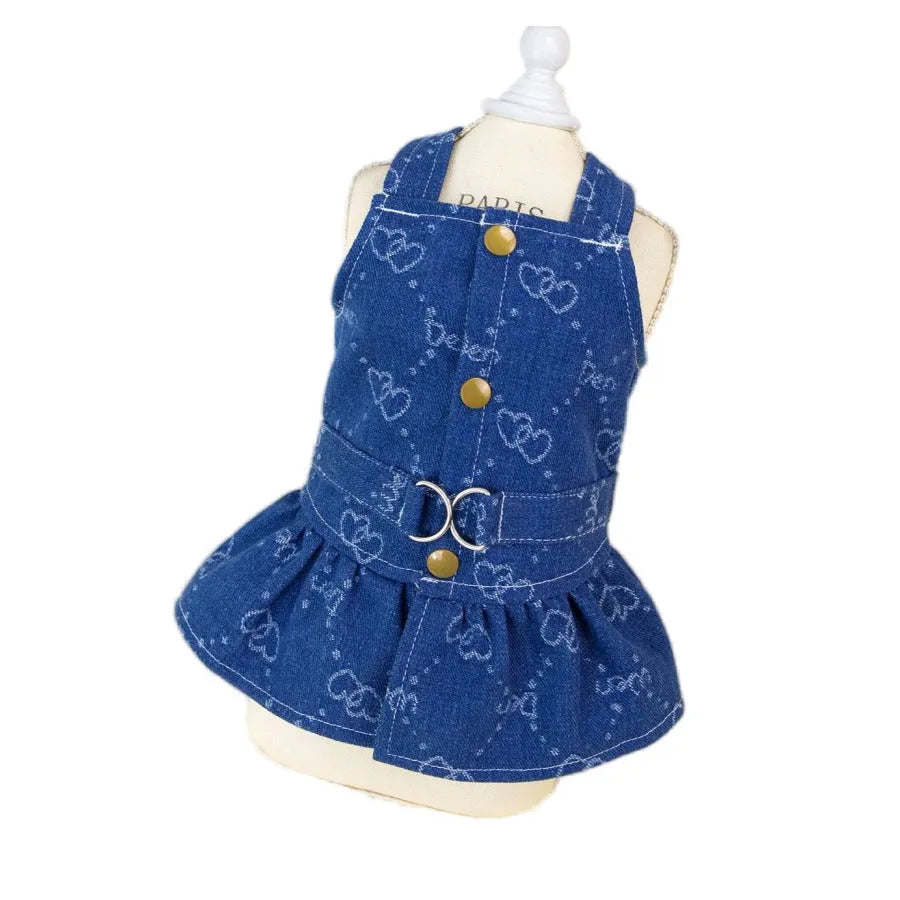Teddy Bichon dog wearing denim princess dress with bracket design for spring and autumn seasonal wear