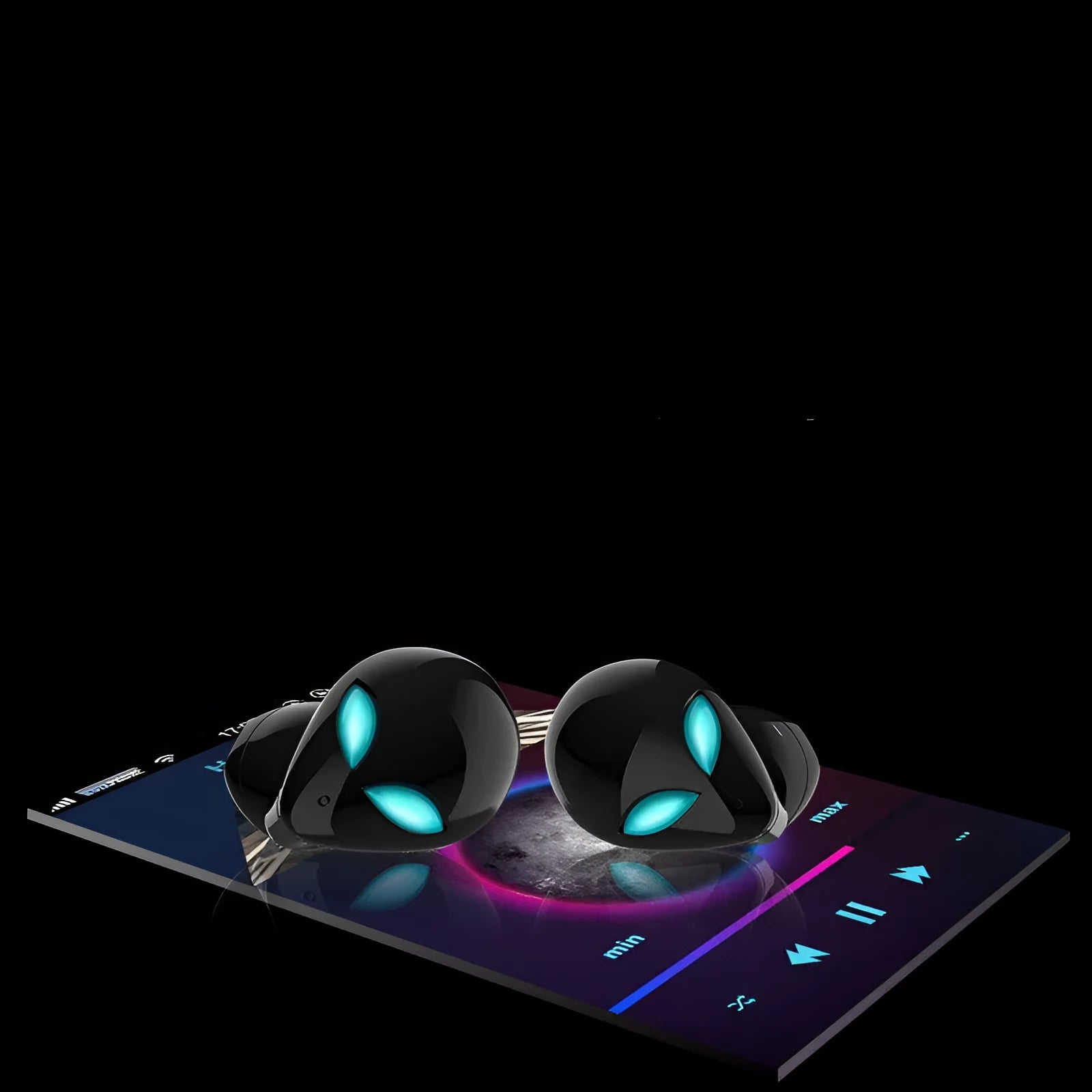 Creative Outer T8 Starman black and white alien design wireless earbuds with LED lights next to charging case.