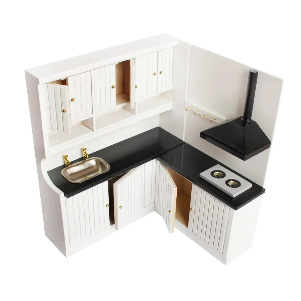 Two-piece white birch wood dollhouse kitchen cabinet set with sink and stove units with doors open showing interior