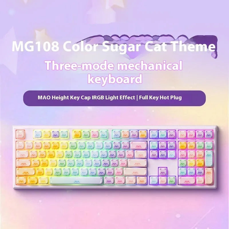 Coloured sugar cat Bluetooth mechanical keyboard with piano switches showing MG108B colour scheme