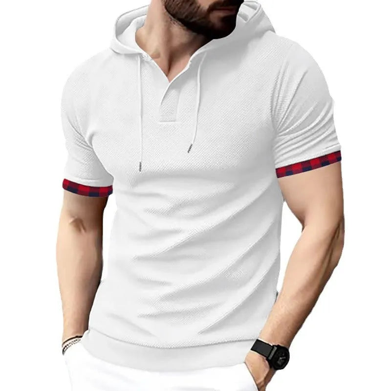 Men's short sleeve hooded top in solid colour, polyester blend, available in plus sizes