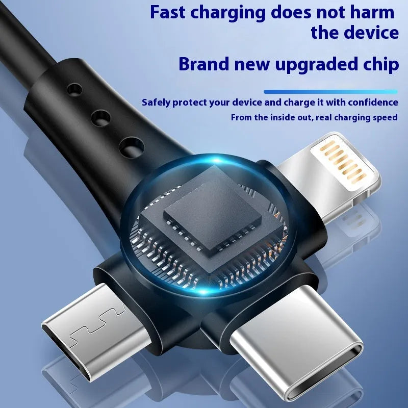 Super fast charge spring telescopic three-in-one data cable 1.5m TPE black with Type-C, Lightning, and Micro USB connectors