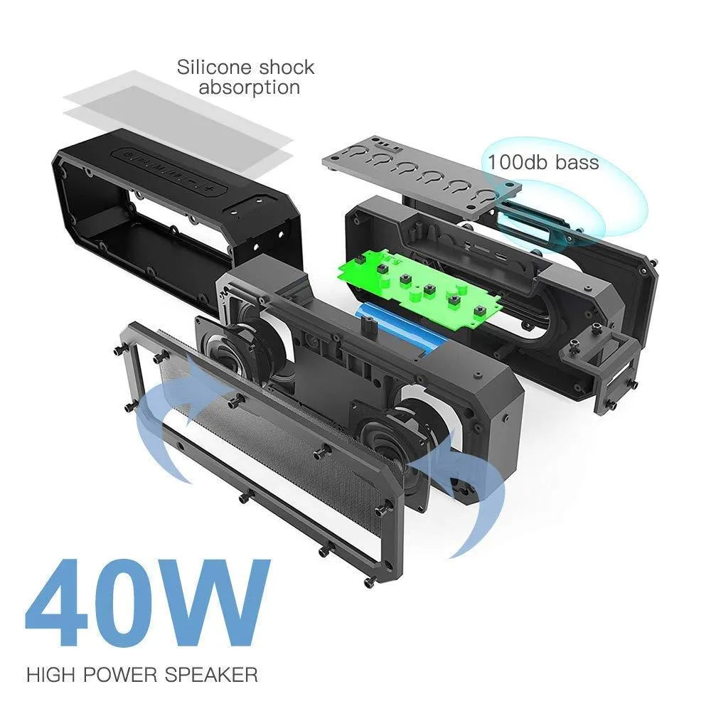 Outdoor waterproof portable 40W Bluetooth speaker in black with climbing rope attached