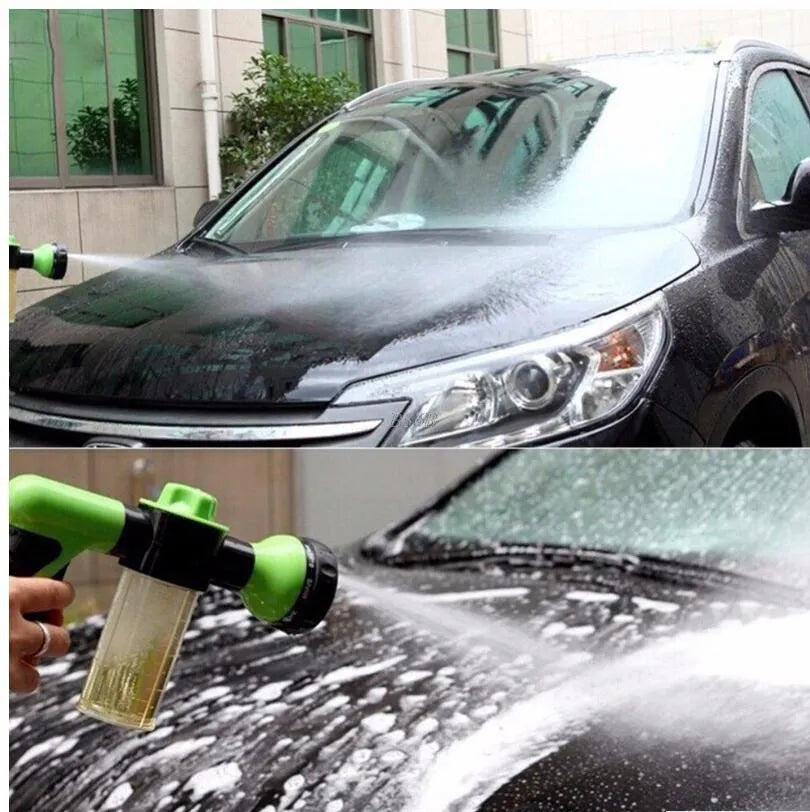 Green high-pressure foam spray gun with adjustable nozzle for car and household cleaning.