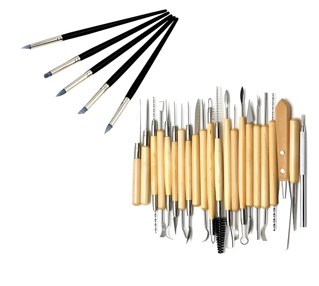 27-piece pottery clay tools set with wood, stainless steel and plastic tools in OPP bag