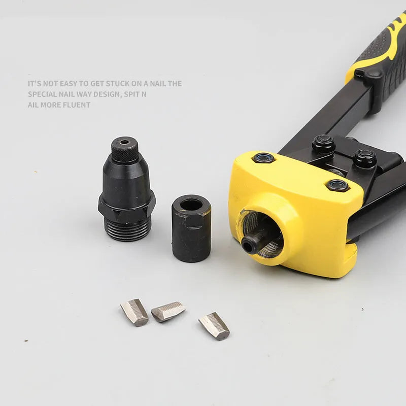 Yellow 13-inch manual rivet gun with three nozzle tips for 3.2mm 4.0mm 4.8mm rivets