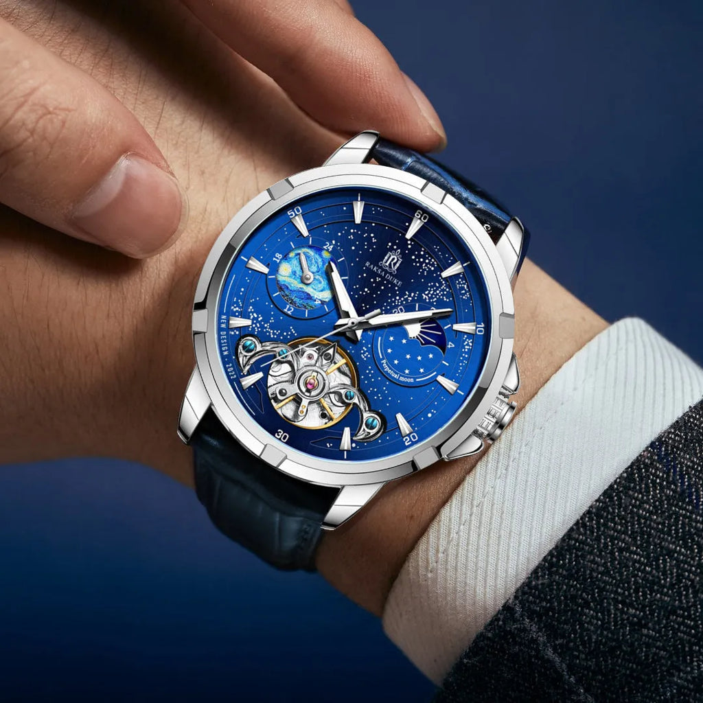Men's blue dial automatic mechanical watch showing size 885b and 14mm thickness