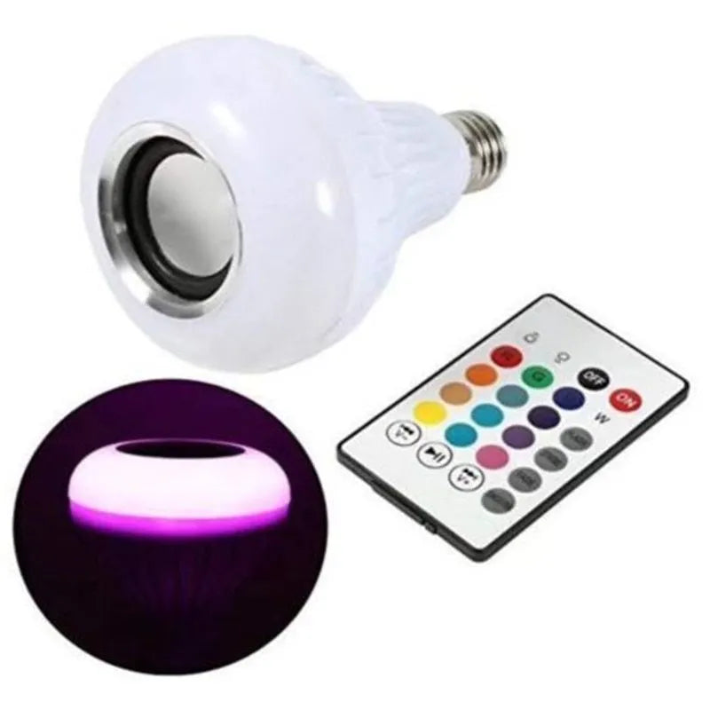 White E27 smart LED bulb with Bluetooth speaker and remote control for 16 colour lights.