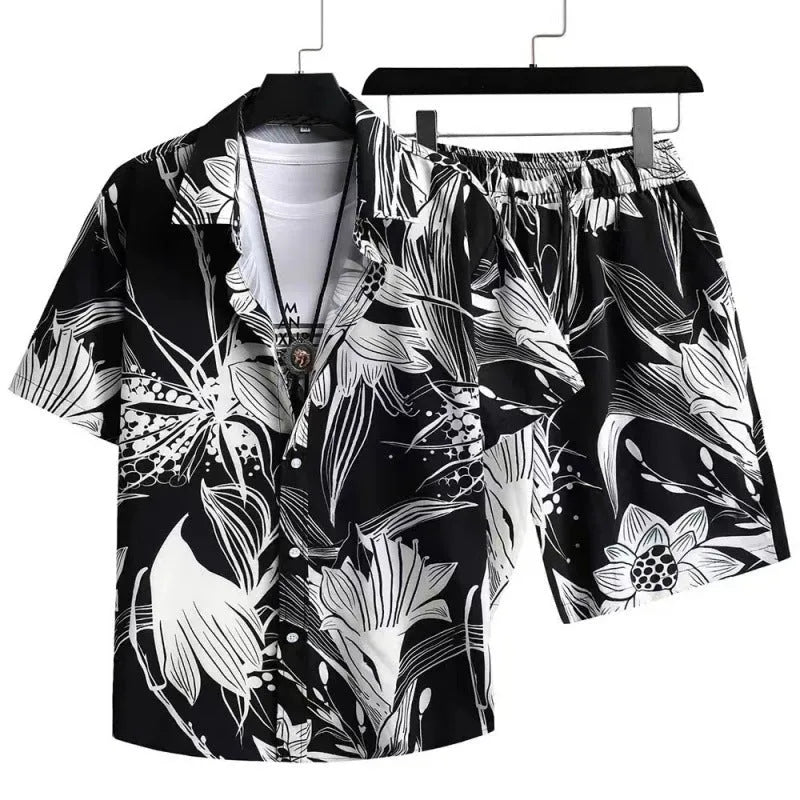 Men's short-sleeved digital print cardigan and matching shorts casual suit set.