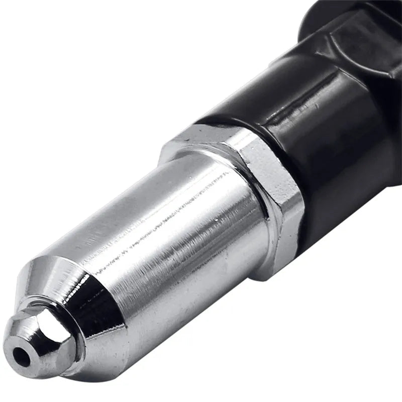 Black metal electric drill rivet gun with alloy steel forged head, 173mm length, includes handle, wrench and four rivet heads