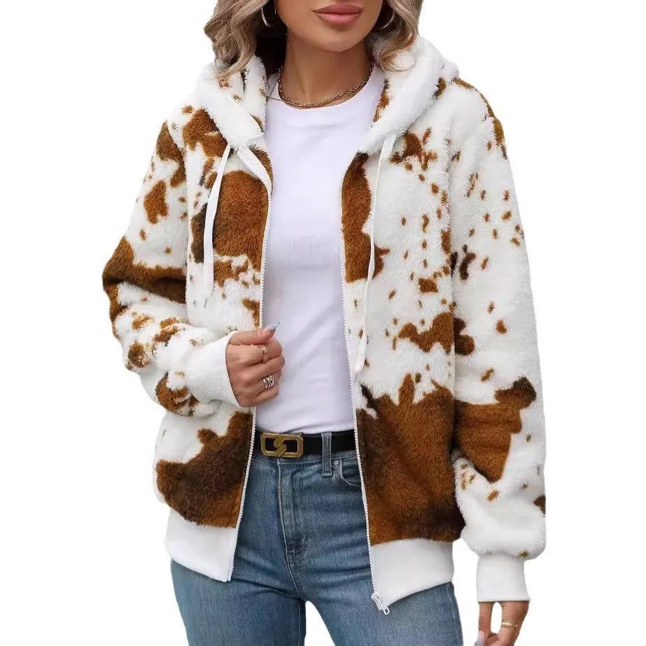 Yellow-brown animal print hooded cardigan jacket with zip front and plush fabric