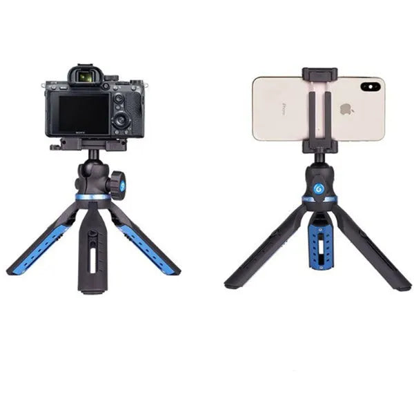 Black desktop phone tripod stand compatible with iPhone models on a desk