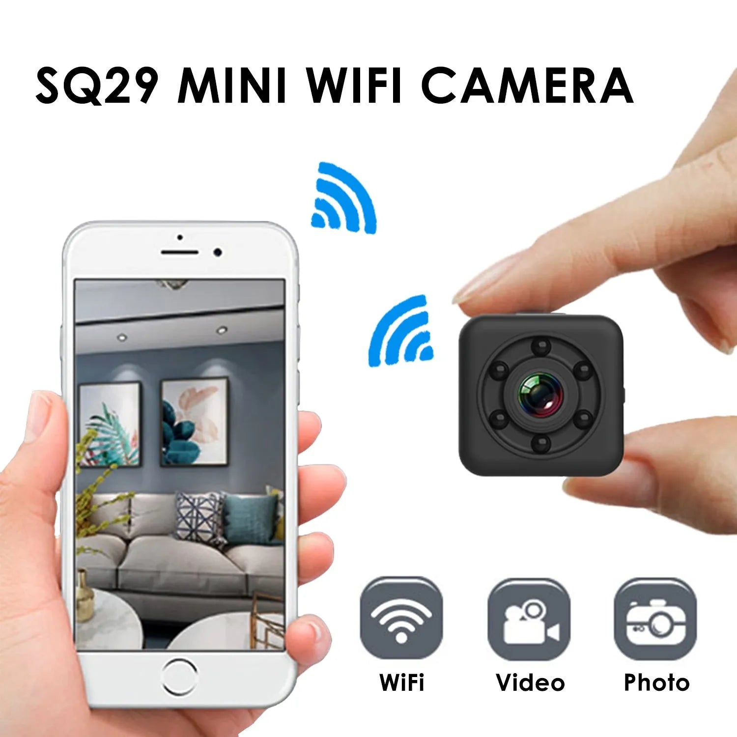 Black SQ29 waterproof sports camera showing its design, compatible with 32GB TF cards and offering 240 minutes of continuous recording.