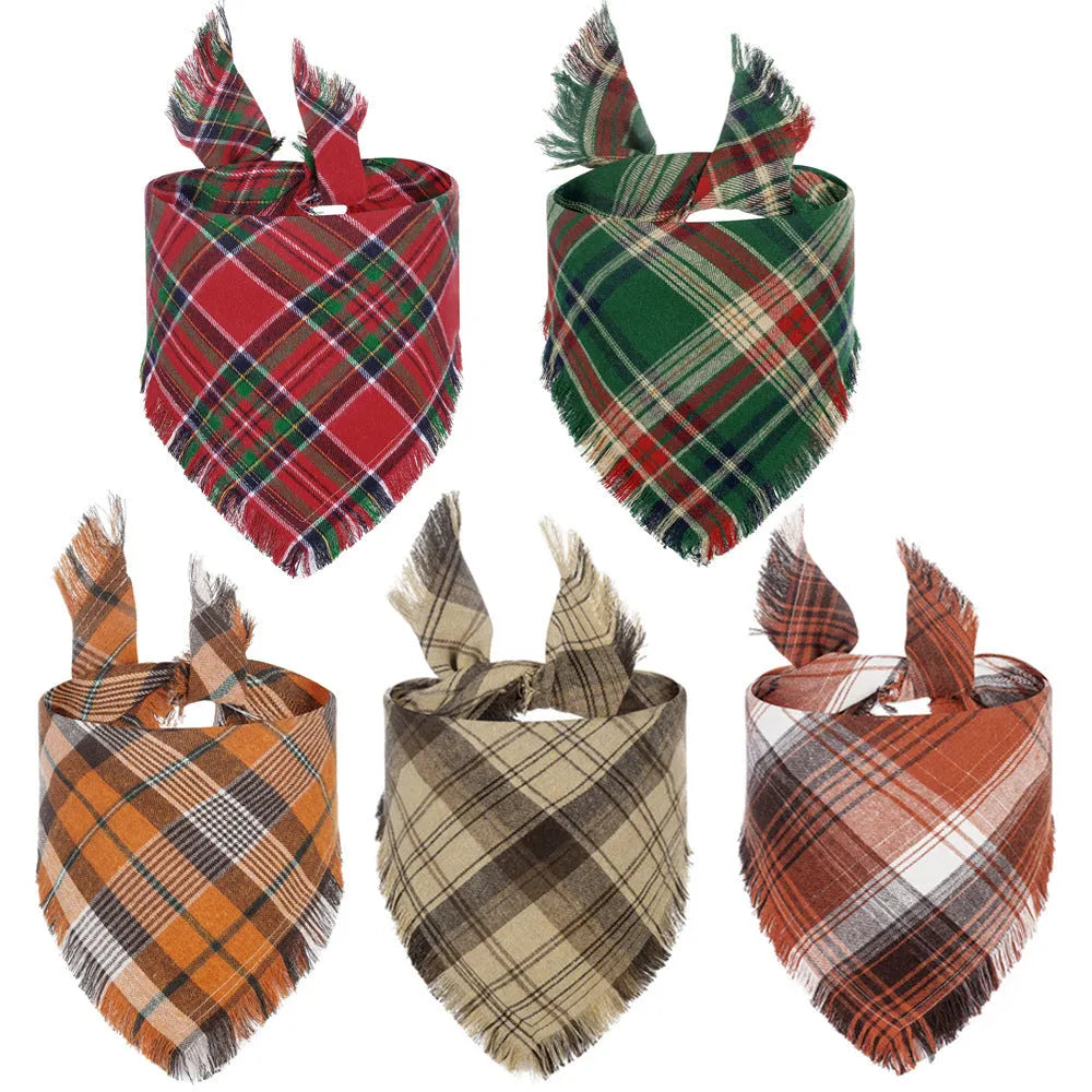 Vivifying fall dog bandana with plaid pattern, tassel edges, and double-layer cotton in autumn colours