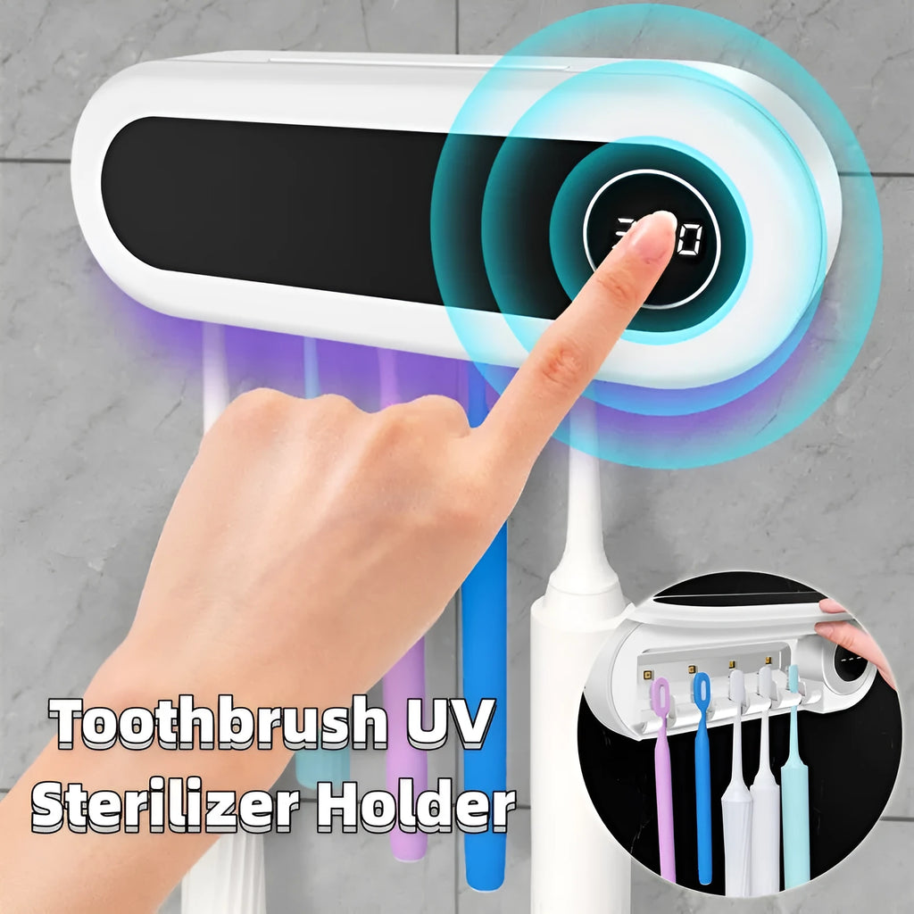 Ivory white wall mounted UV toothbrush sterilizer holder with digital display and 5 toothbrush slots