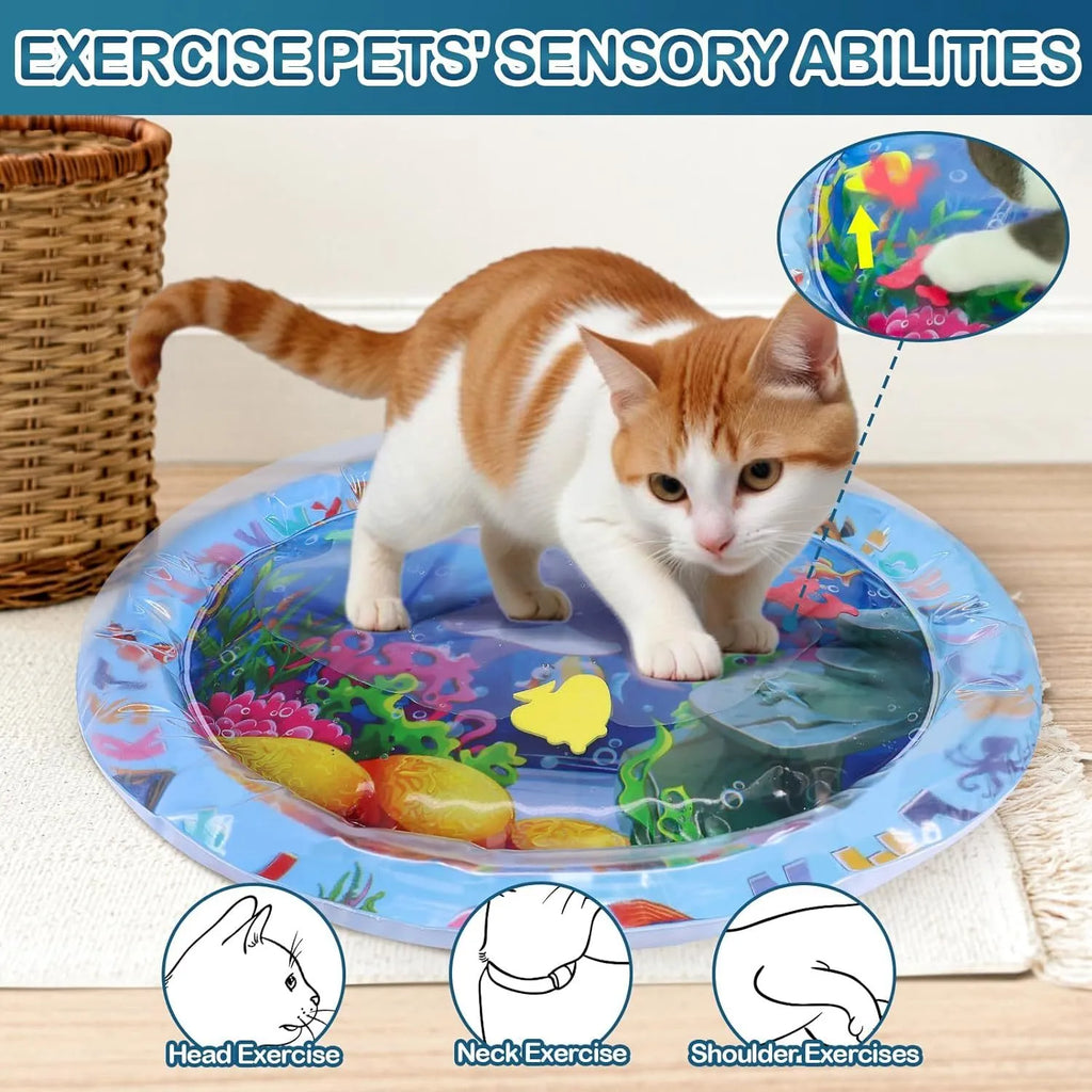 Thickened PVC water sensory play mat for pets with ocean fish design and floating toys.