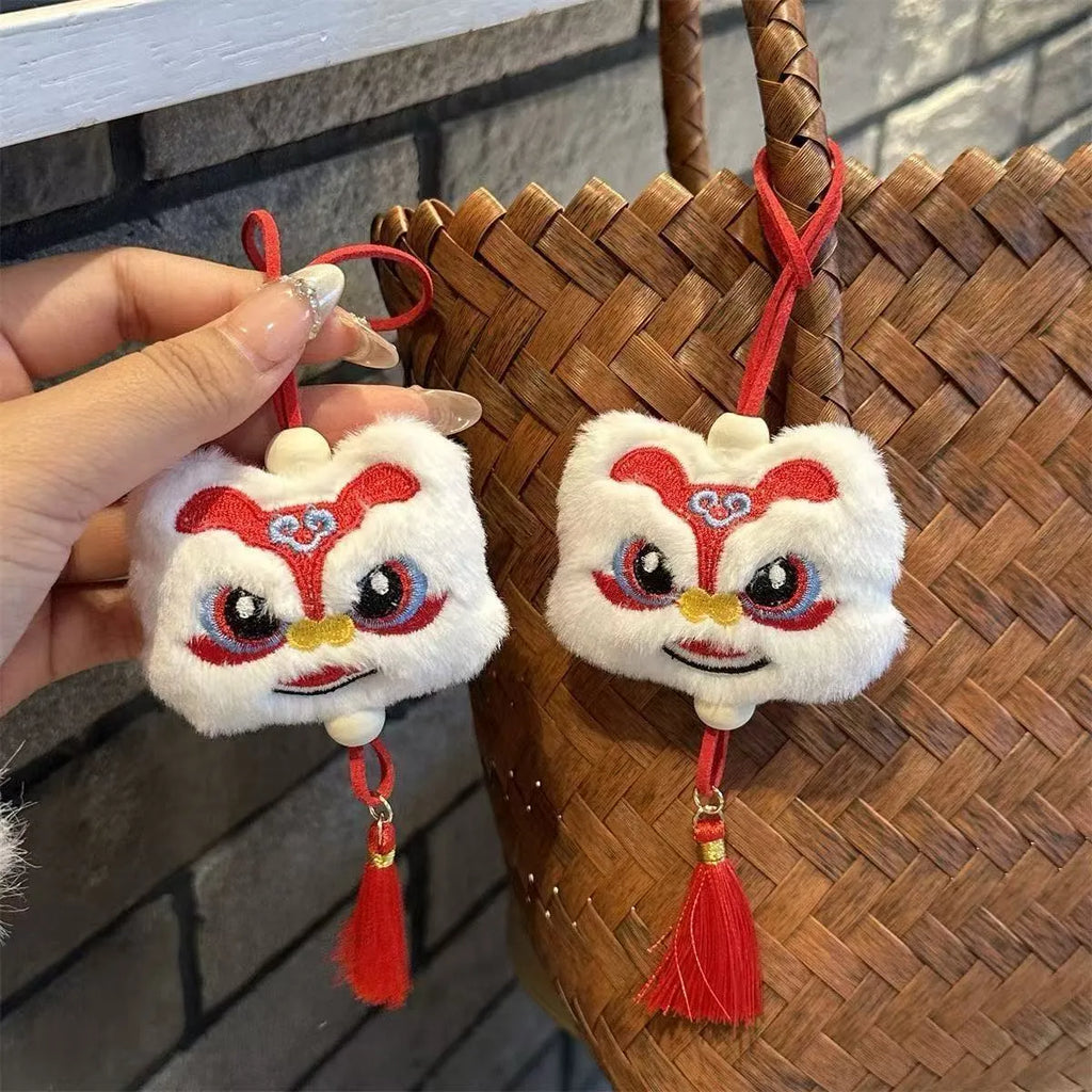 Handmade Chinese style plush lion tassel keychain ornament with Star Stone details in blue or yellow colour