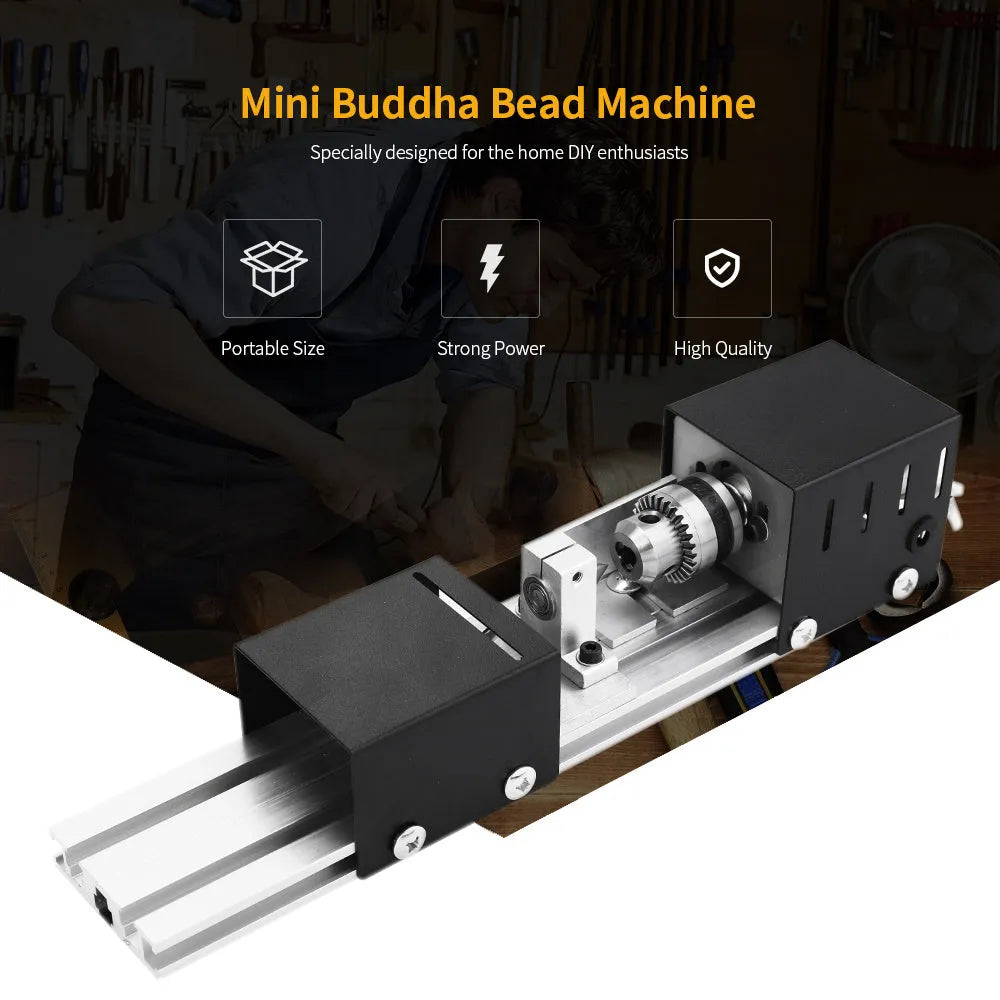 Compact metal mini woodworking lathe on a bench with carving tools, showing small turned wooden spindle.