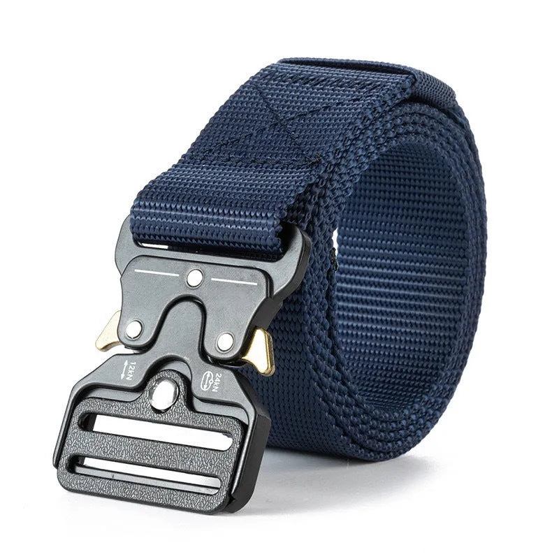 Men's thick canvas tactical belt with alloy buckle in multiple colour options showing release mechanism
