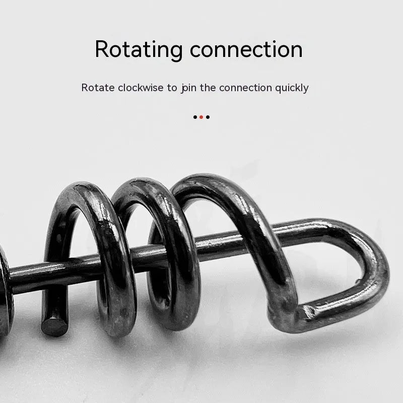 Stainless steel 8-shaped fishing swivel connector on a blue background.