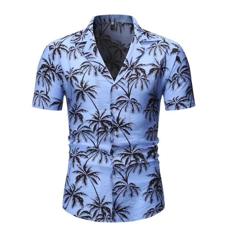 Men's loose lapel print top long sleeve polyester casual shirt in light blue, white, and yellow
