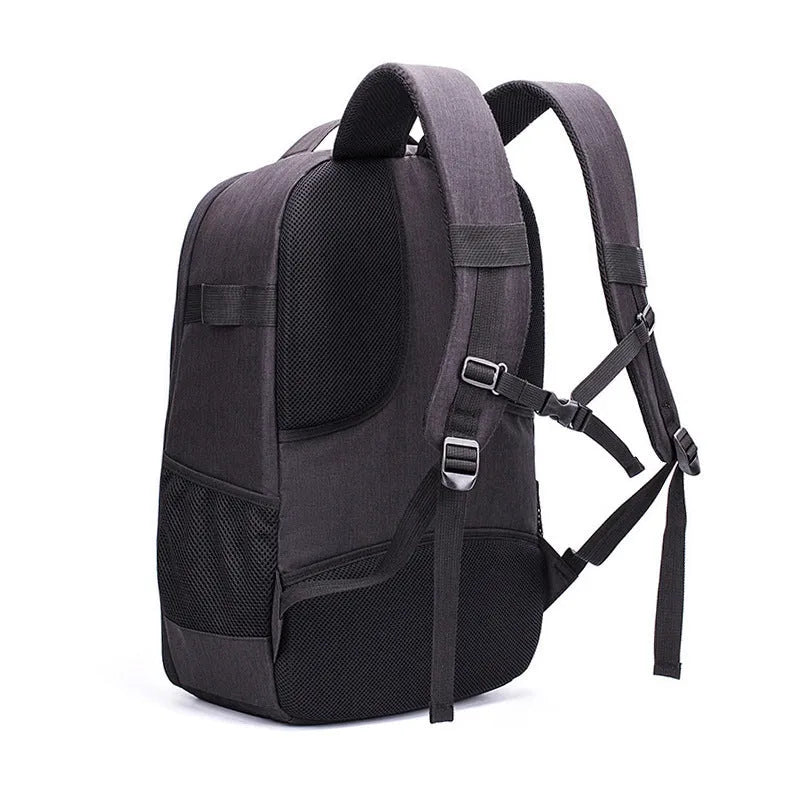 Black Oxford cloth drone backpack with camera and laptop compartments for equipment transport