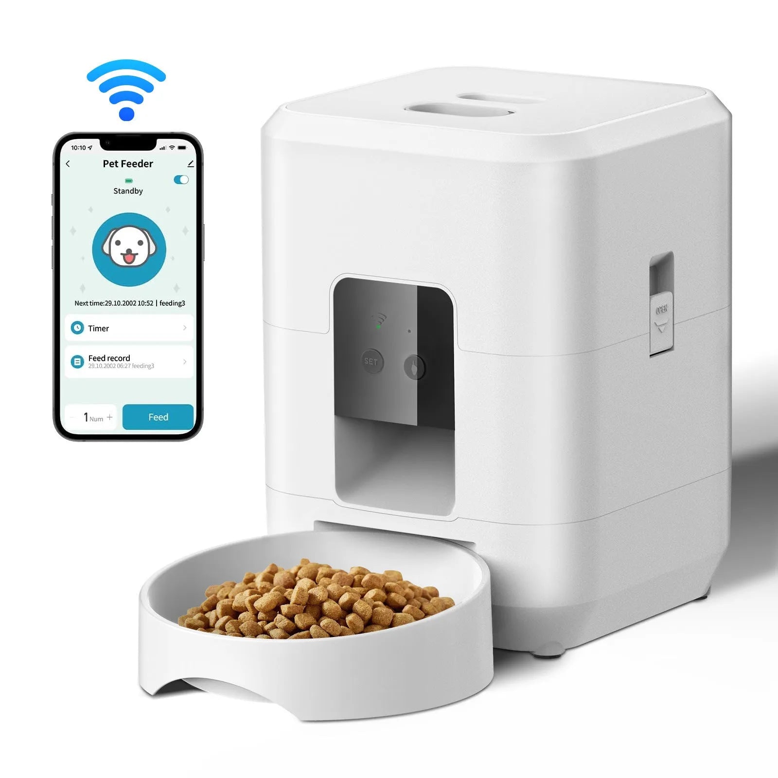 Pet automatic feeder in white with button controls, for cats, with power adapter and feeding bowl