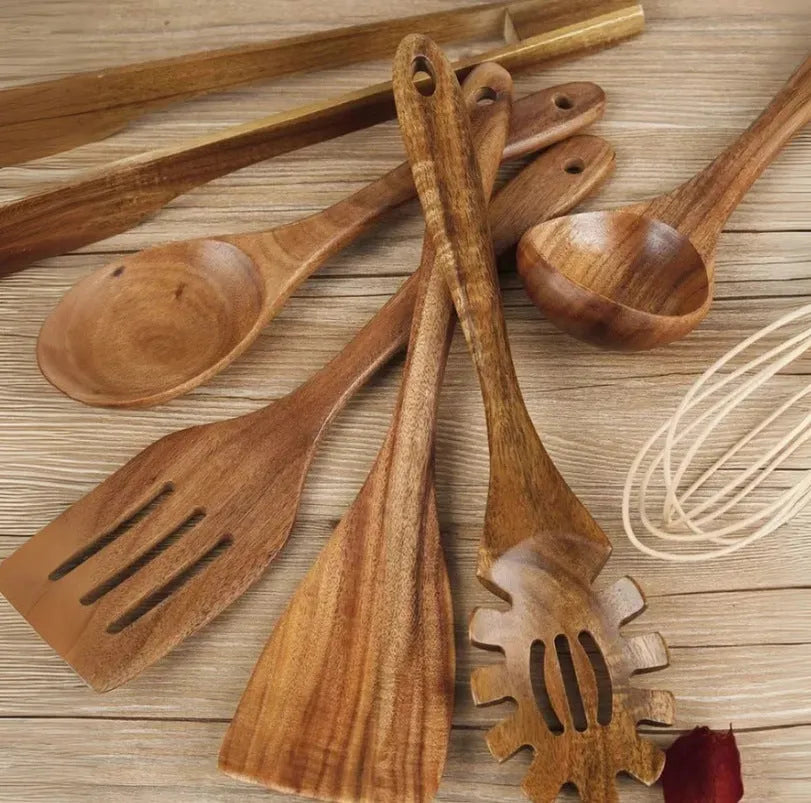 Seven wooden cooking utensils including spoon and spatula for non-stick pans with anti-scald handles