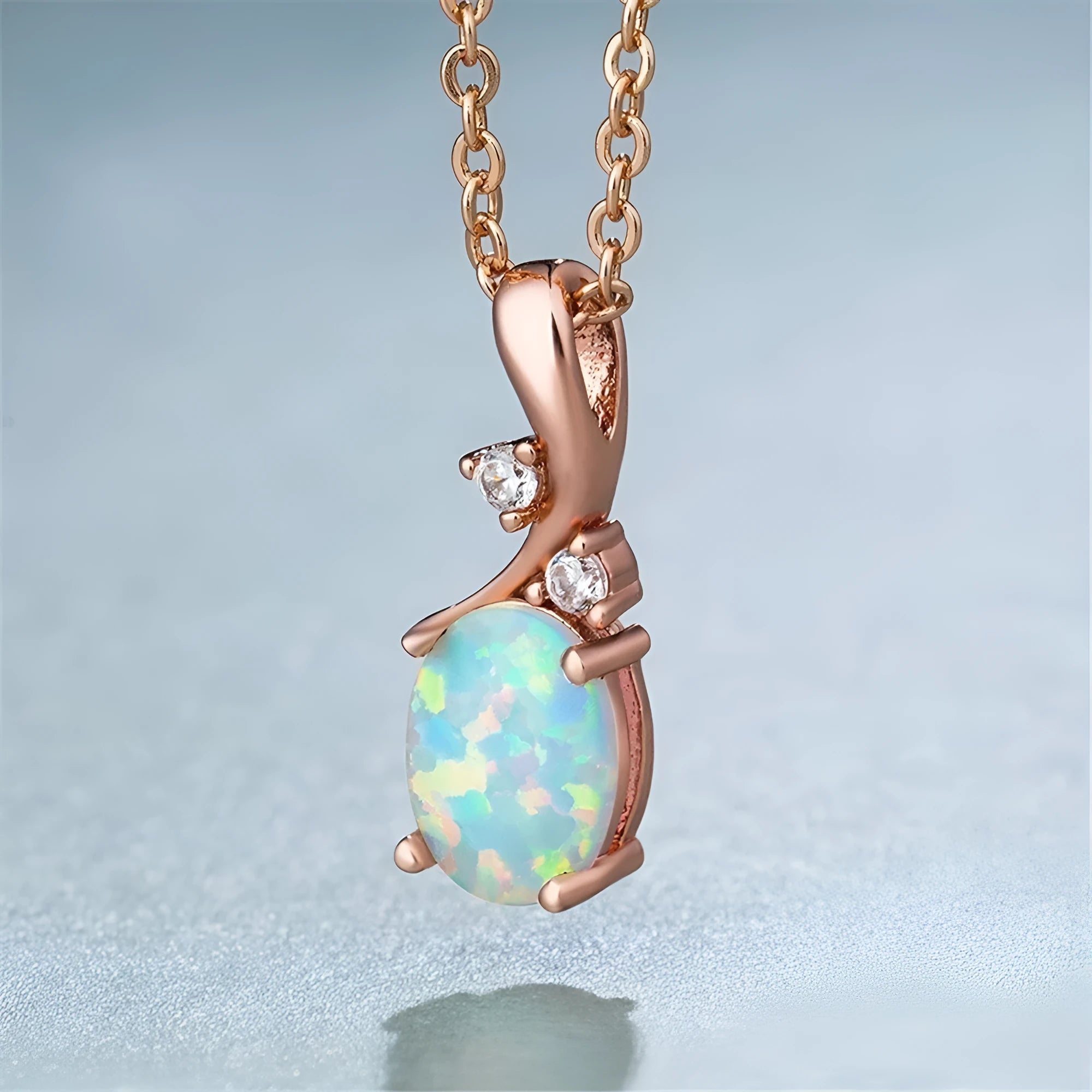 Water drop opal pendant necklace on electroplated alloy chain in rose gold colour