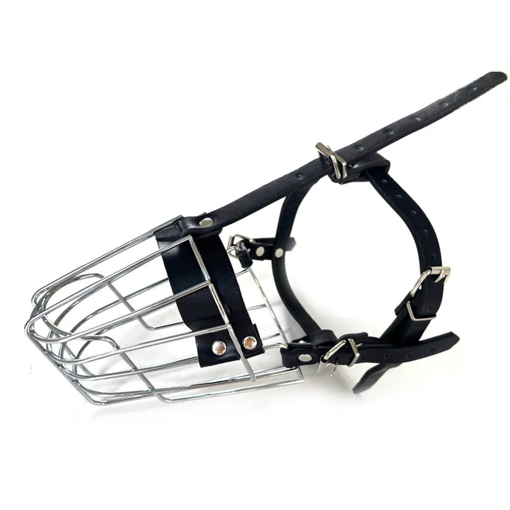 Black metal dog muzzle designed for Golden Retrievers and German Shepherds, showing adjustable nose piece.