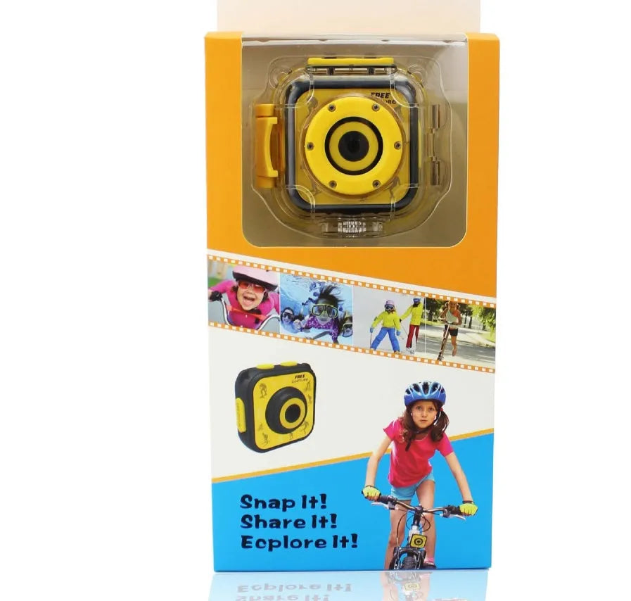 Yellow children's waterproof sports camera with LCD screen and compact design