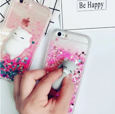 Cat-themed phone case with glitter design for iPhone models 6 through X