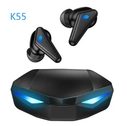 Blue Private Model K55 wireless Bluetooth gaming earbuds with charging case on a dark surface.