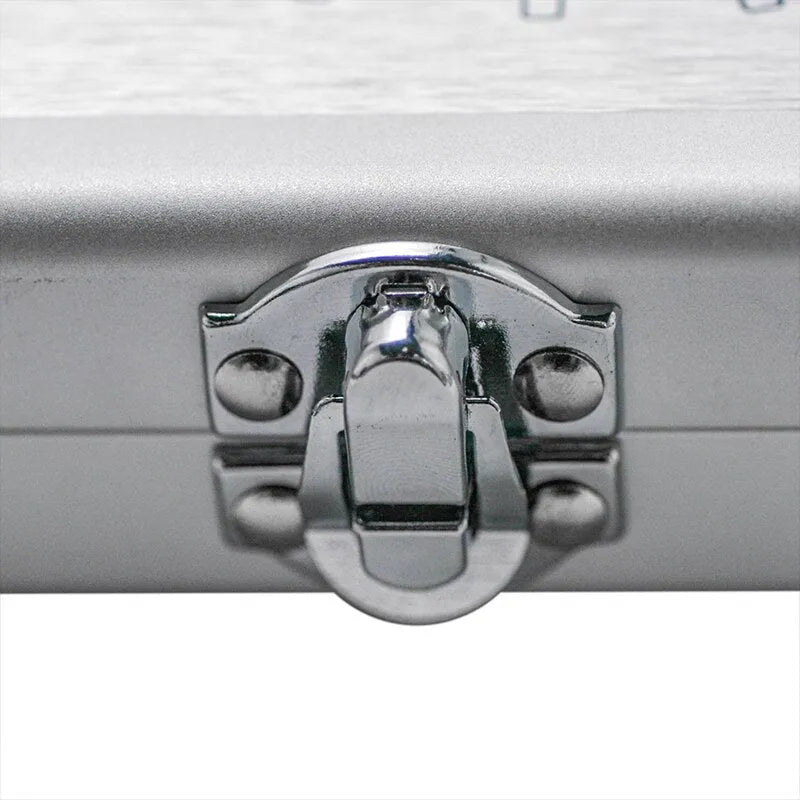 Silver aluminium storage box for TS100 soldering iron, 154x147x36mm, on a flat surface