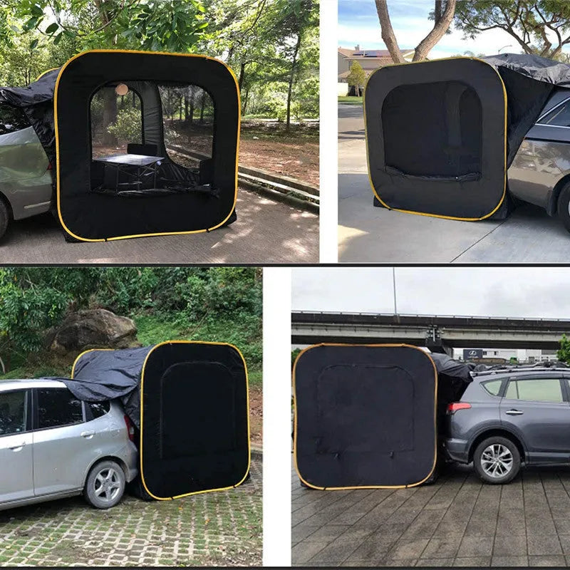 Black pop-up car tail tent with steel frame poles unfolded to 200cm cubic dimensions
