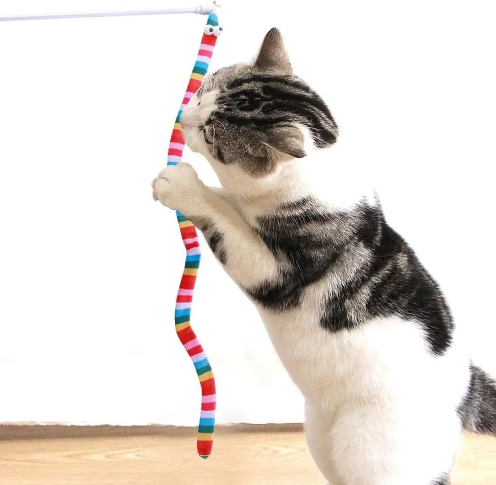 Cat wand toy with polycarbonate pole and long plush strip in rainbow colours with bell attachment