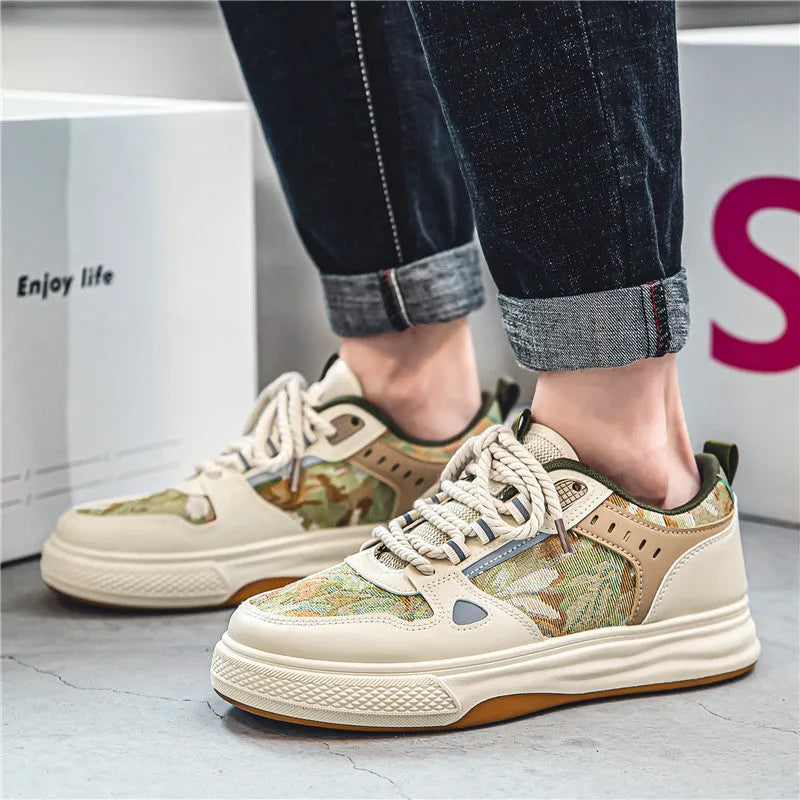 Men's beige and green canvas flat casual shoes with round toe on white background
